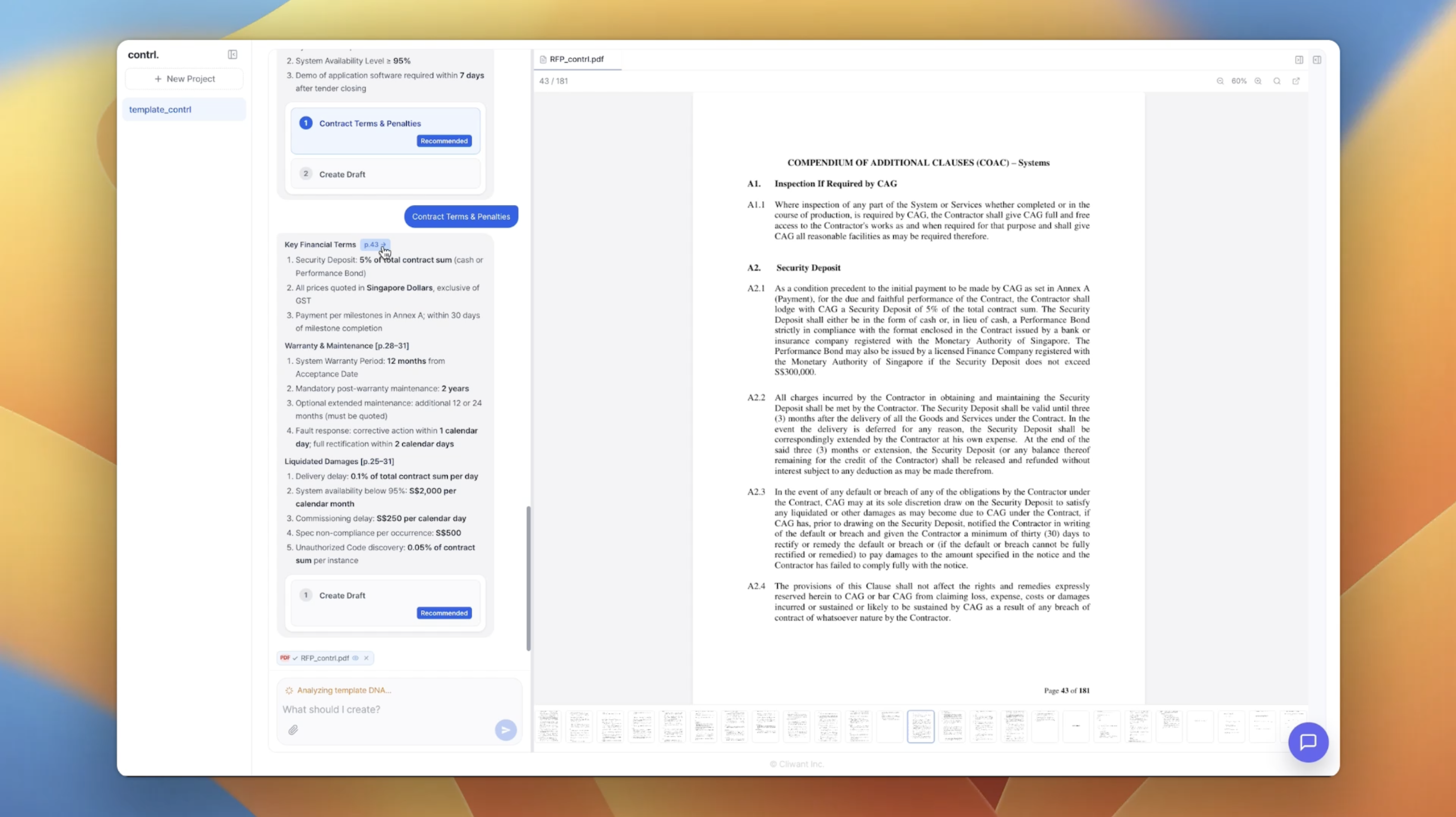contrl AI 제안서 작성 플랫폼 - RFP 분석 화면에서 핵심 요건을 추출하고 Win Theme 차별화 전략을 자동 도출하는 모습. AI proposal writing platform analyzing RFP documents and extracting win themes automatically.